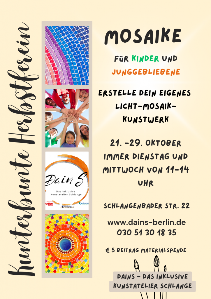 Kunterbunte Mosaik-Herbstferien für Kinder und Junggebliebene-Flyer